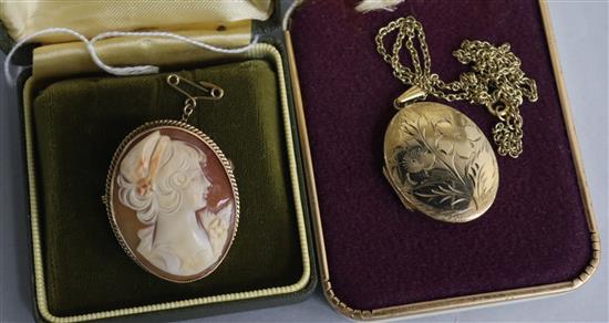 A 9ct gold oval leaf engraved locket, on chain and a 9ct gold carved cameo portrait brooch.